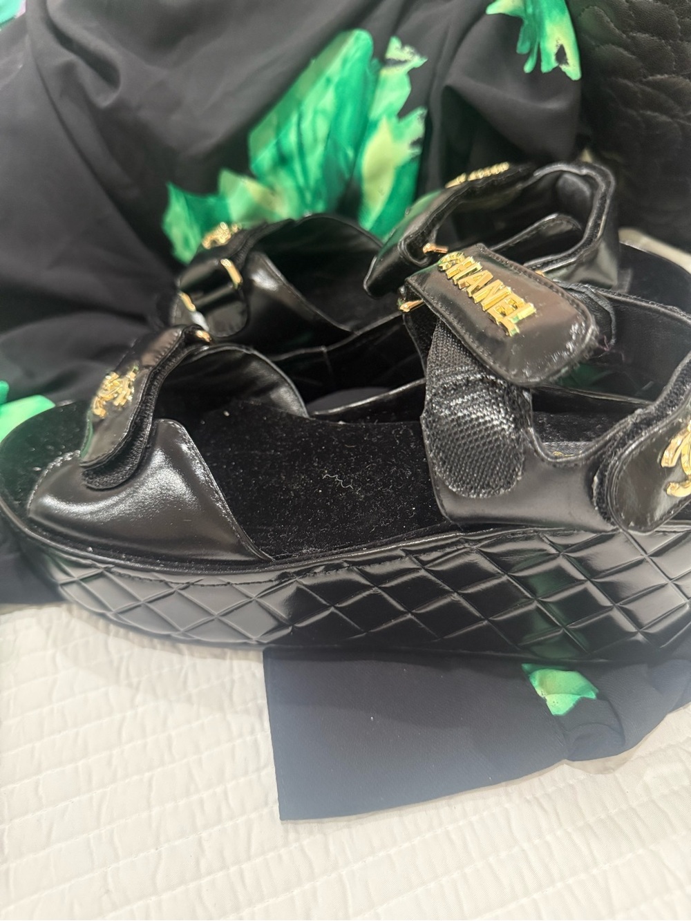 Black Quilted Platform Sandals with Gold Logo